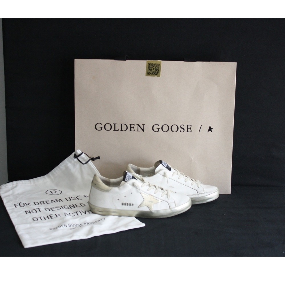 Golden Goose Super-Star 39 Women White Gold Distressed Leather Sneakers Luxury